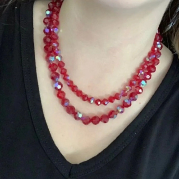 Vintage 1950s Ruby Swarovski Crystal Aurora Borealis Beaded Necklace - Picture 2 of 8